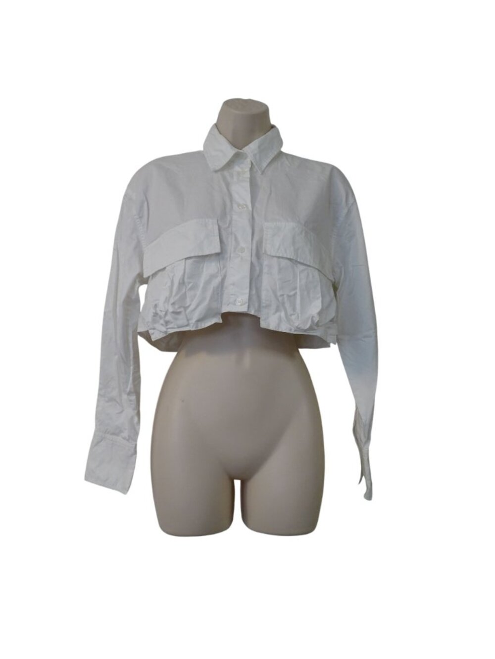Zara White Collared Button Up Crop Shirt Size XS Long Sleeves Utility Streetwear - Picture 2 of 7